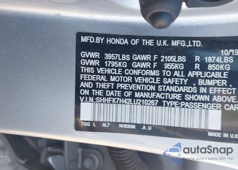 2020 Honda Civic Sport from USA, damaged, VIN SHHFK7H42LU210267